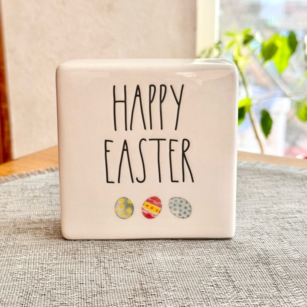 Rae Dunn HAPPY EASTER Eggs Square Plaque Desk Ceramic Paperweight BRAND NEW!!